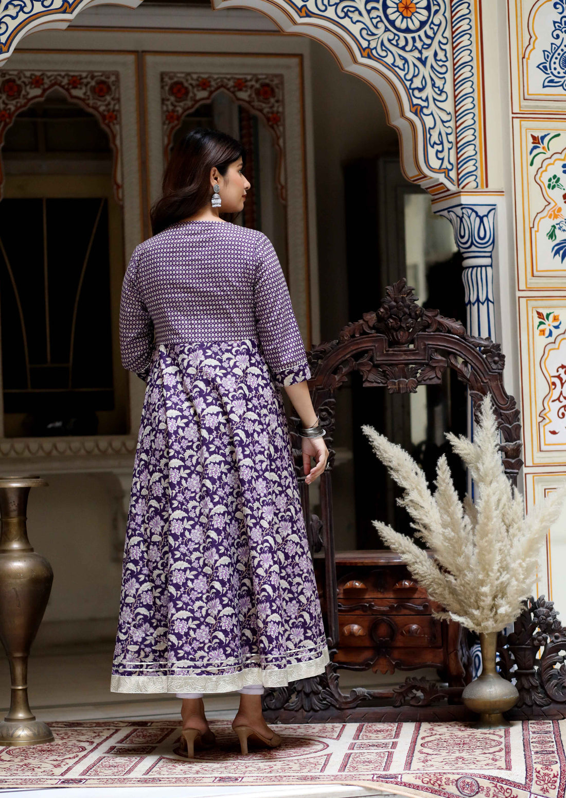 Miravan Women's Purple Cotton Floral Gota Lace Work Anarkali Kurta And Dupatta