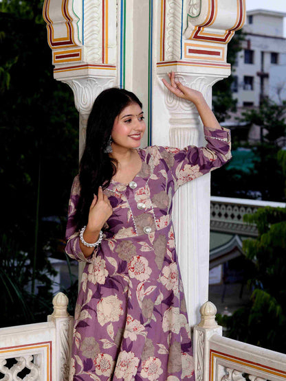 Miravan Women's Purple Flower Printed With Lace Border Anarkali Kurta With Dupatta Set