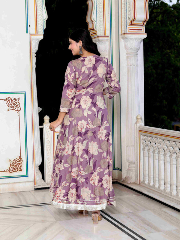Miravan Women's Purple Flower Printed With Lace Border Anarkali Kurta With Dupatta Set