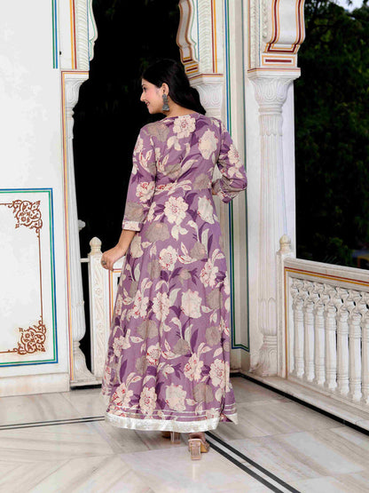 Miravan Women's Purple Flower Printed With Lace Border Anarkali Kurta With Dupatta Set