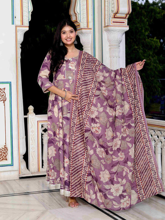 Miravan Women's Purple Flower Printed With Lace Border Anarkali Kurta With Dupatta Set