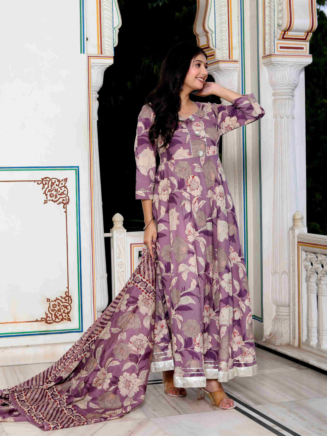 Miravan Women's Purple Flower Printed With Lace Border Anarkali Kurta With Dupatta Set