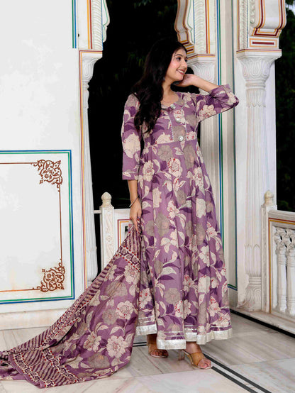 Miravan Women's Purple Flower Printed With Lace Border Anarkali Kurta With Dupatta Set