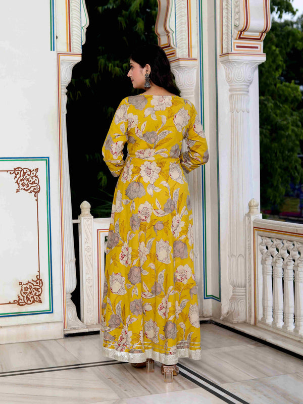 Miravan Women's Cotton Gotapatti And Lace Border Yellow Anarkali Kurta And Dupatta Set