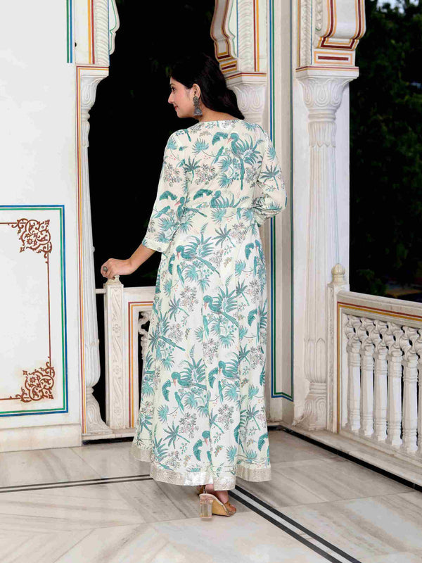 Miravan Women's Light Green Birds And Leaf Floral Printed Anarkali Kurta And Dupatta Set