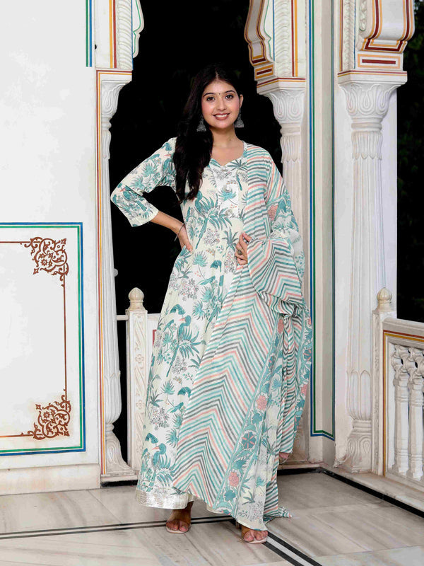 Miravan Women's Light Green Birds And Leaf Floral Printed Anarkali Kurta And Dupatta Set