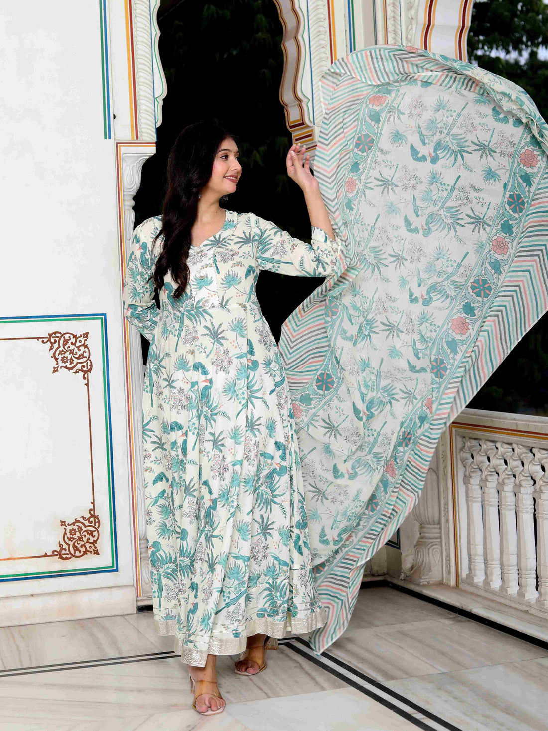 Miravan Women's Light Green Birds And Leaf Floral Printed Anarkali Kurta And Dupatta Set
