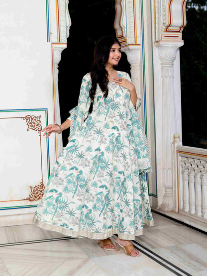 Miravan Women's Light Green Birds And Leaf Floral Printed Anarkali Kurta And Dupatta Set