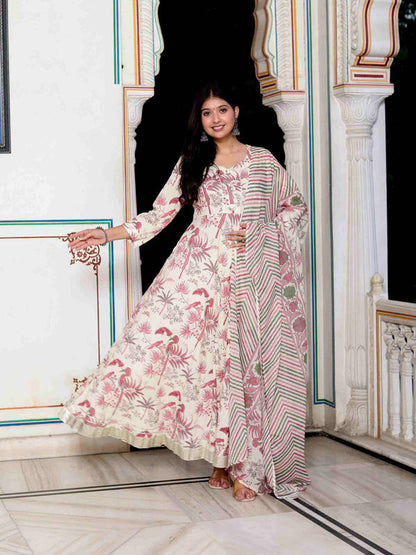 Miravan Women's Light Pink Cotton Birds And Leaf Floral Printed Anarkali Kurta And Dupatta Set