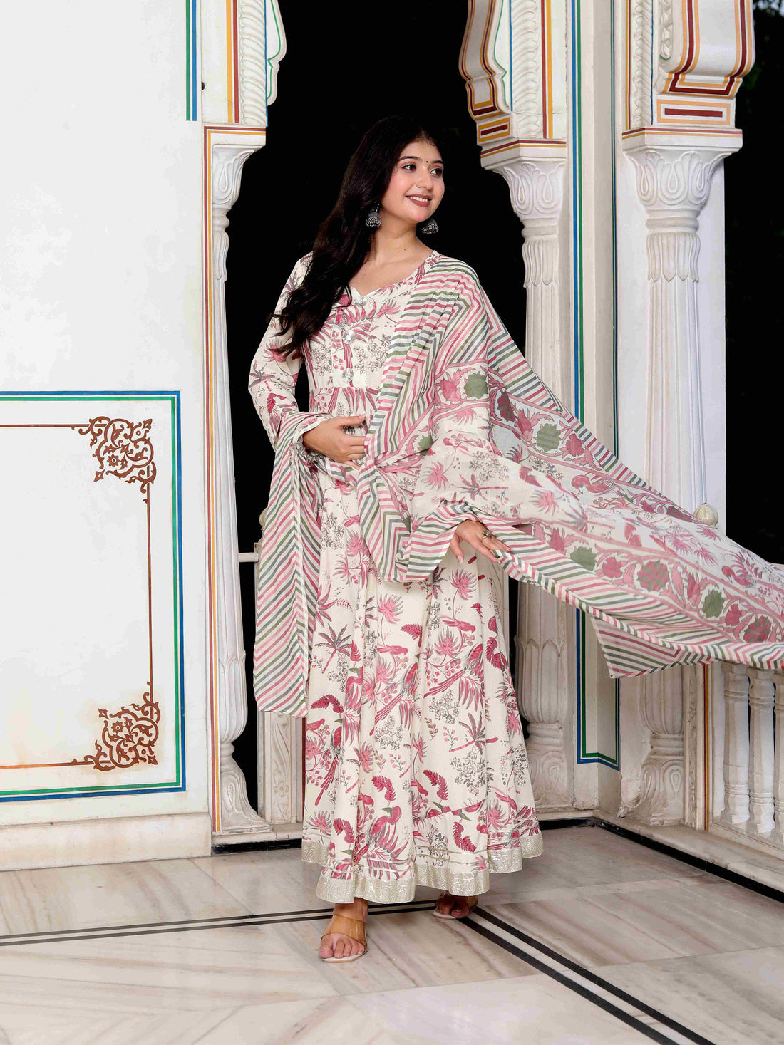 Miravan Women's Light Pink Cotton Birds And Leaf Floral Printed Anarkali Kurta And Dupatta Set