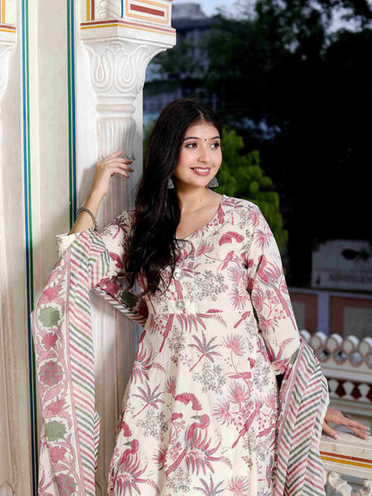 Miravan Women's Light Pink Cotton Birds And Leaf Floral Printed Anarkali Kurta And Dupatta Set