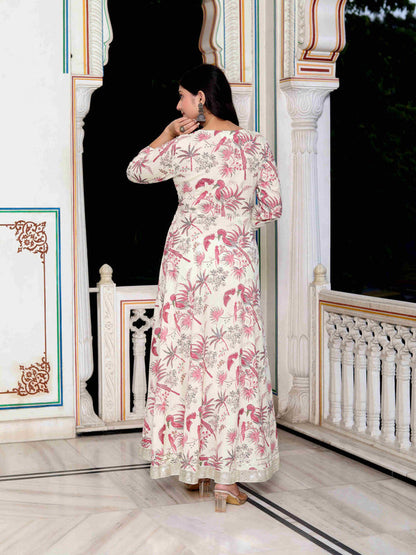 Miravan Women's Light Pink Cotton Birds And Leaf Floral Printed Anarkali Kurta And Dupatta Set