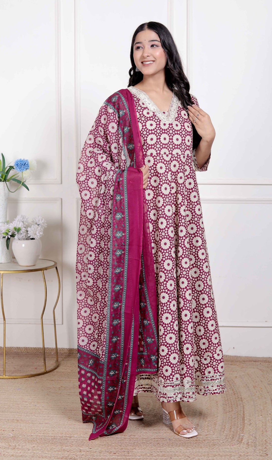 Miravan Women's Cream Embroidered Cotton Anarkali Kurta and Dupatta