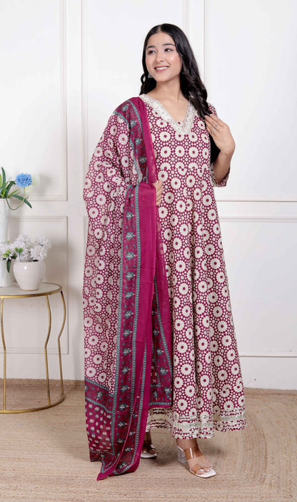 Miravan Women's Cream Embroidered Cotton Anarkali Kurta and Dupatta