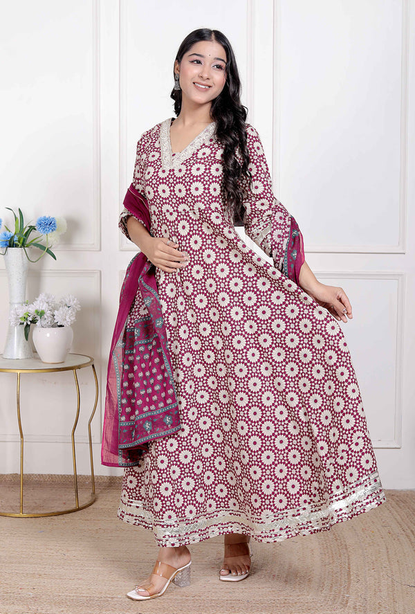 Miravan Women's Cream Embroidered Cotton Anarkali Kurta and Dupatta