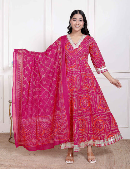 Miravan Women's Bandhani ethnic Anarkali Kurta and Dupatta
