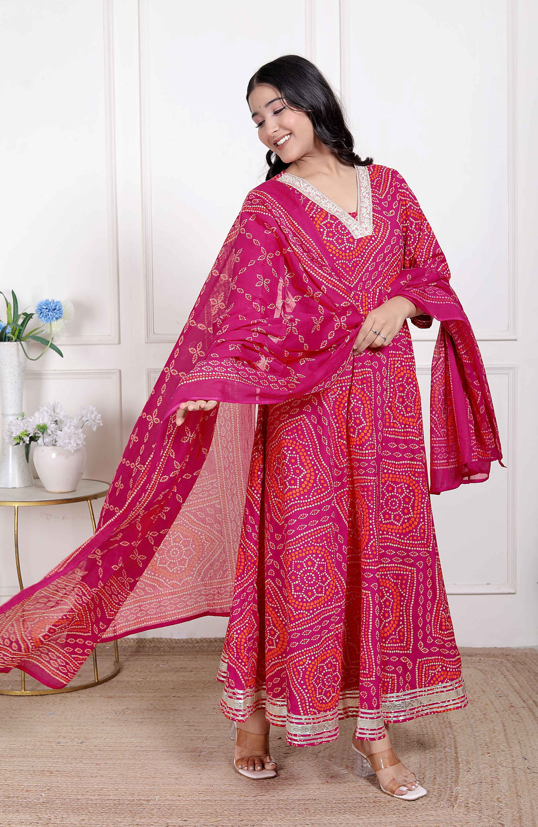Miravan Women's Bandhani ethnic Anarkali Kurta and Dupatta