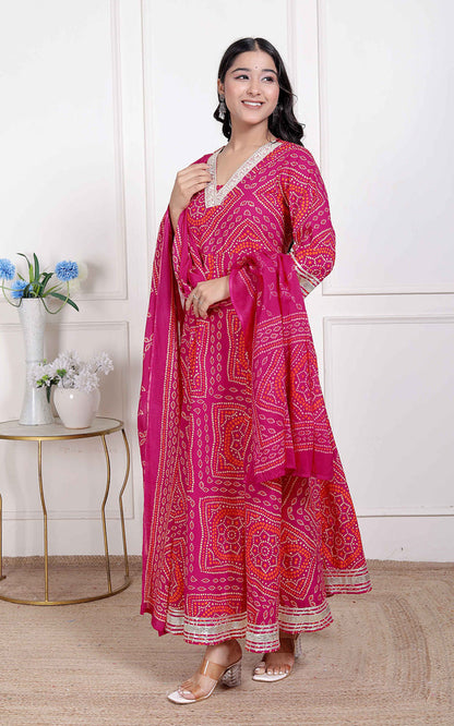 Miravan Women's Bandhani ethnic Anarkali Kurta and Dupatta
