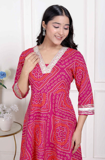 Miravan Women's Bandhani ethnic Anarkali Kurta and Dupatta