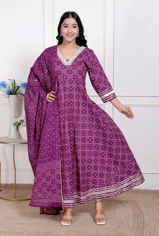 Miravan Women's Bandhani embroidred ethnic Anarkali Kurta and Dupatta