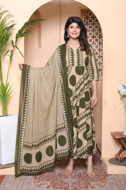 Miravan Women's Polka Dot Printed Pure Cotton Anarkali Kurta with Dupatta
