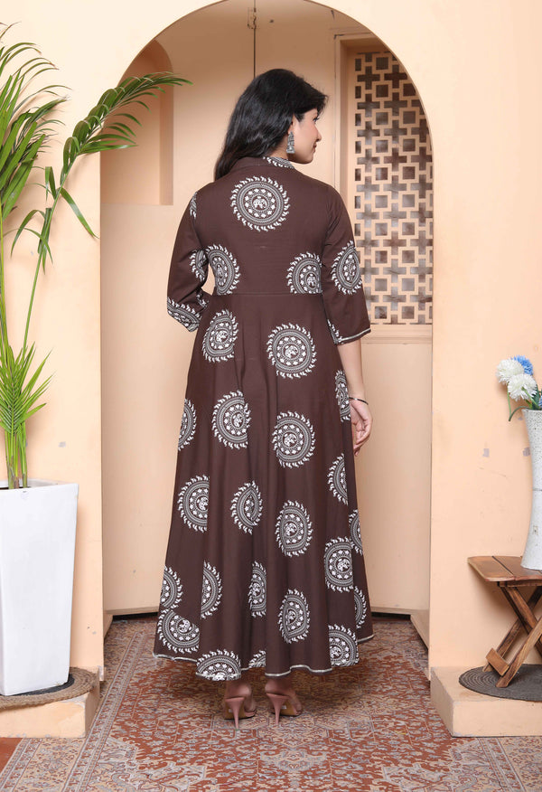 Miravan Womens Brown Animal Printed Anarkali Kurta with Dupatta Set