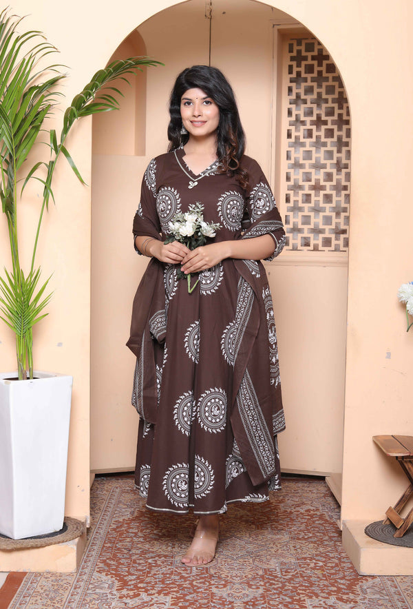 Miravan Womens Brown Animal Printed Anarkali Kurta with Dupatta Set