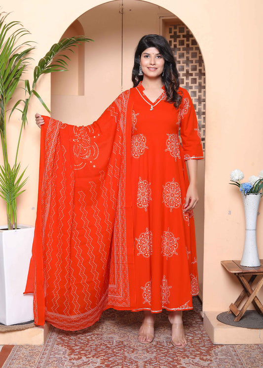 Miravan Womens Orange Floral Cotton Printed Anarkali Kurta wit Dupatta