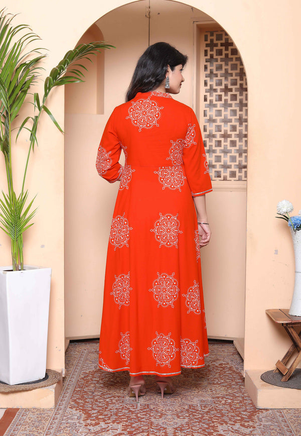 Miravan Womens Orange Floral Cotton Printed Anarkali Kurta wit Dupatta