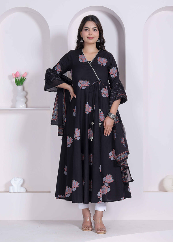 Miravan Black Printed Cotton Anarkali Kurta & Dupatta for Women