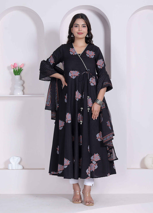 Miravan Black Printed Cotton Anarkali Kurta & Dupatta for Women