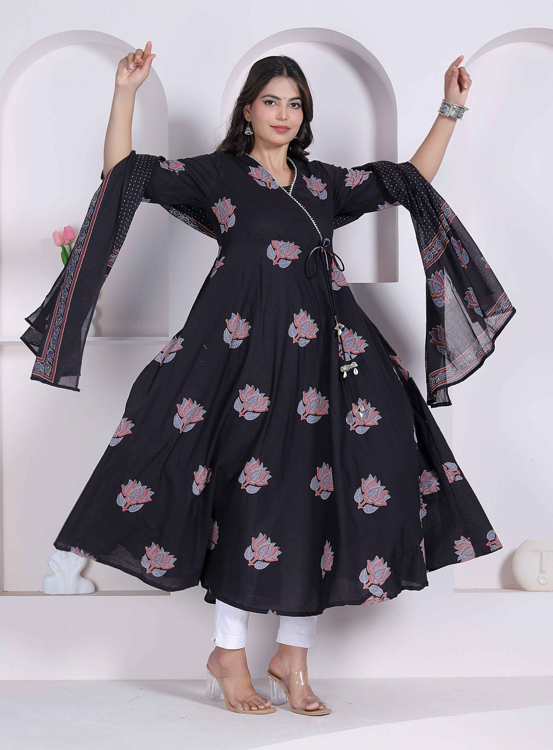 Miravan Black Printed Cotton Anarkali Kurta & Dupatta for Women