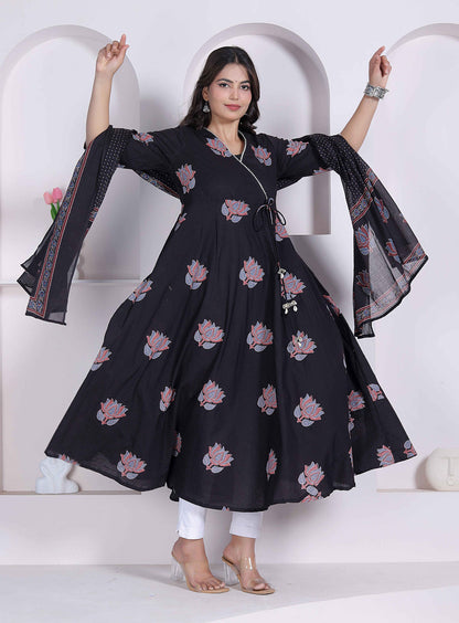 Miravan Black Printed Cotton Anarkali Kurta & Dupatta for Women
