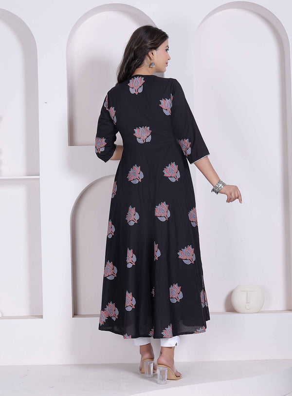 Miravan Black Printed Cotton Anarkali Kurta & Dupatta for Women