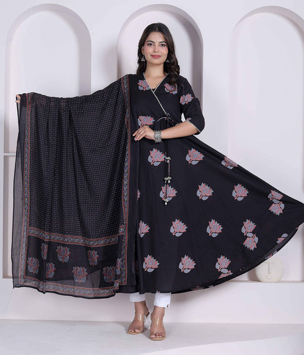 Miravan Black Printed Cotton Anarkali Kurta & Dupatta for Women