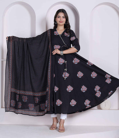 Miravan Black Printed Cotton Anarkali Kurta & Dupatta for Women