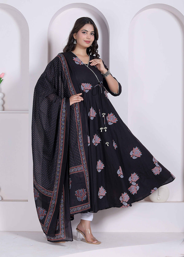 Miravan Black Printed Cotton Anarkali Kurta & Dupatta for Women