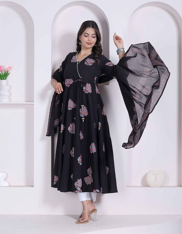 Miravan Black Printed Cotton Anarkali Kurta & Dupatta for Women