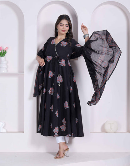 Miravan Black Printed Cotton Anarkali Kurta & Dupatta for Women
