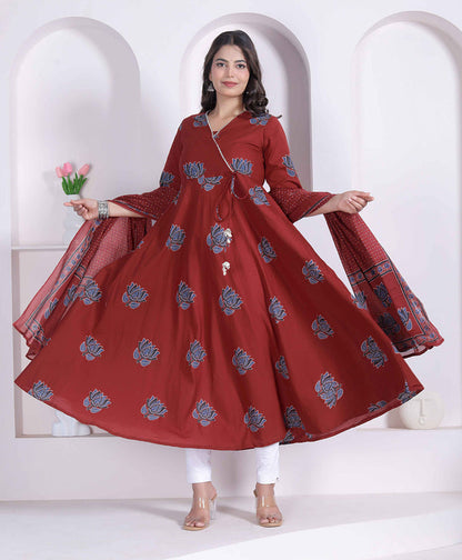Miravan Women Rust Floral Printed Angrakha Kurta and Dupatta