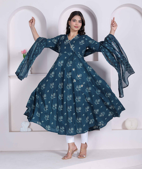 Miravan womens Blue Floral Printed Angrakha Kurta with dupatta