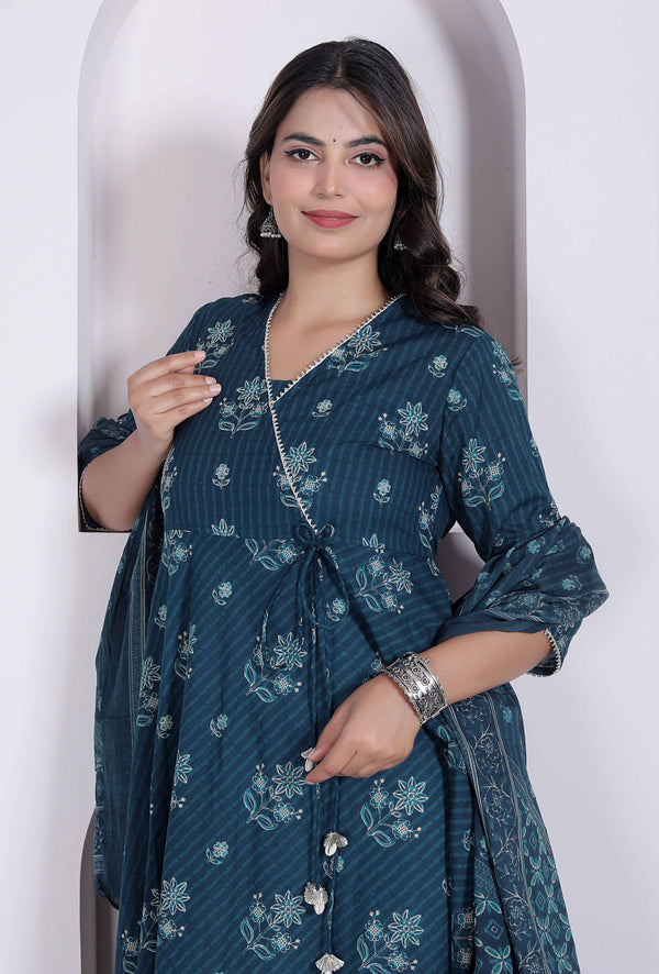 Miravan womens Blue Floral Printed Angrakha Kurta with dupatta