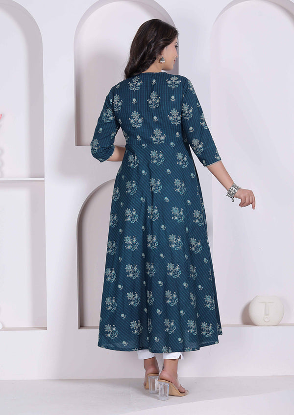 Miravan womens Blue Floral Printed Angrakha Kurta with dupatta