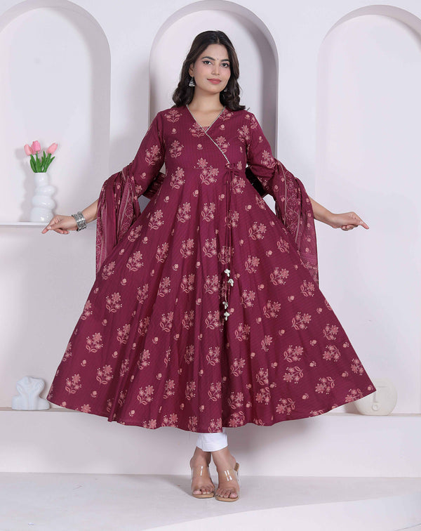 Miravan Womens Maroon Floral Printed Cotton Kurta and Dupatta