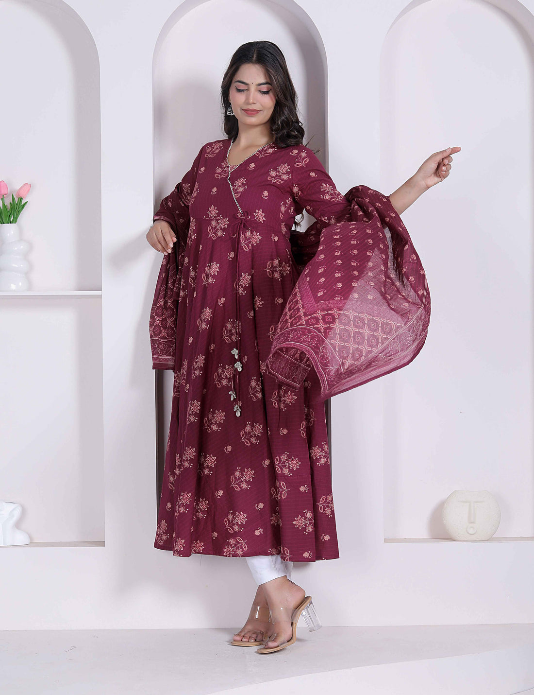 Miravan Womens Maroon Floral Printed Cotton Kurta and Dupatta