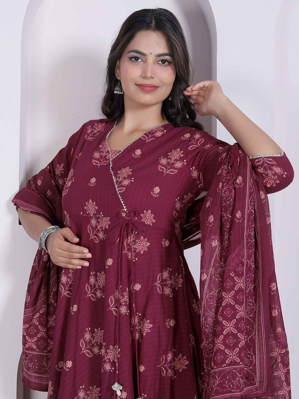 Miravan Womens Maroon Floral Printed Cotton Kurta and Dupatta