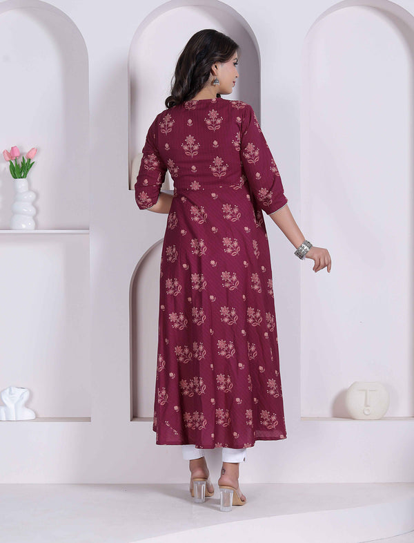Miravan Womens Maroon Floral Printed Cotton Kurta and Dupatta