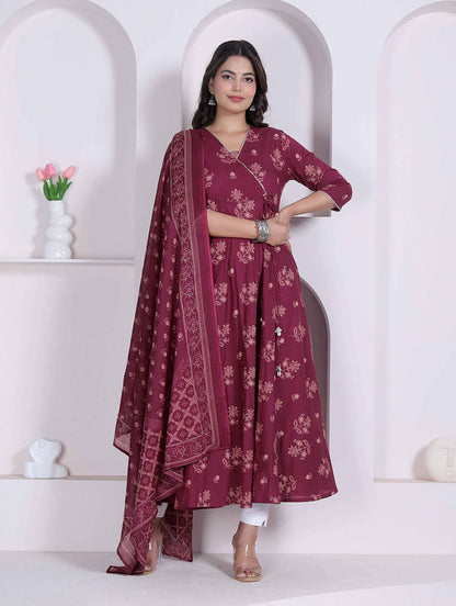 Miravan Womens Maroon Floral Printed Cotton Kurta and Dupatta