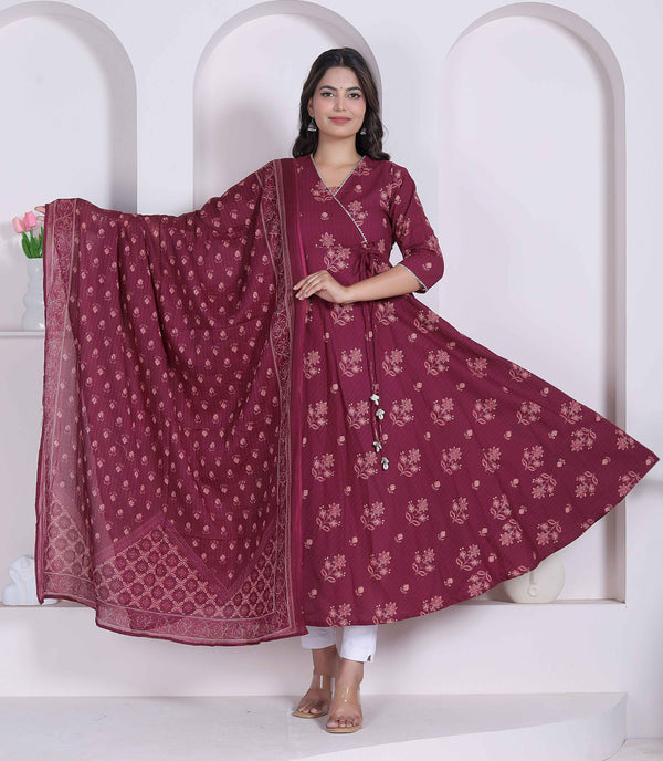 Miravan Womens Maroon Floral Printed Cotton Kurta and Dupatta
