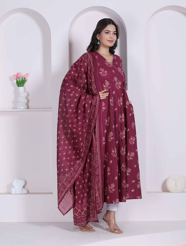 Miravan Womens Maroon Floral Printed Cotton Kurta and Dupatta